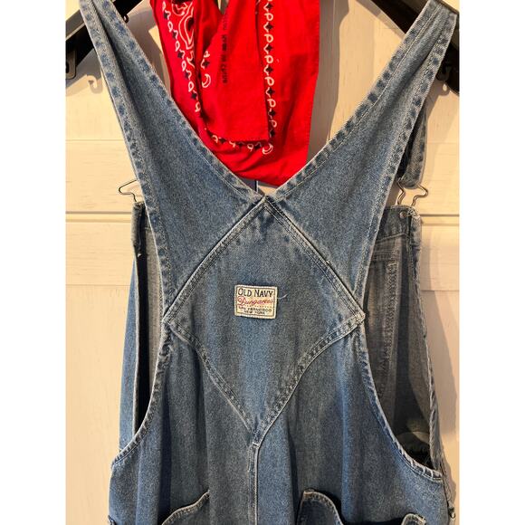 Old Navy Denim Overalls Men’s Size Large Blue Jean Cutoff Hem Adjustable Straps - Picture 5 of 11